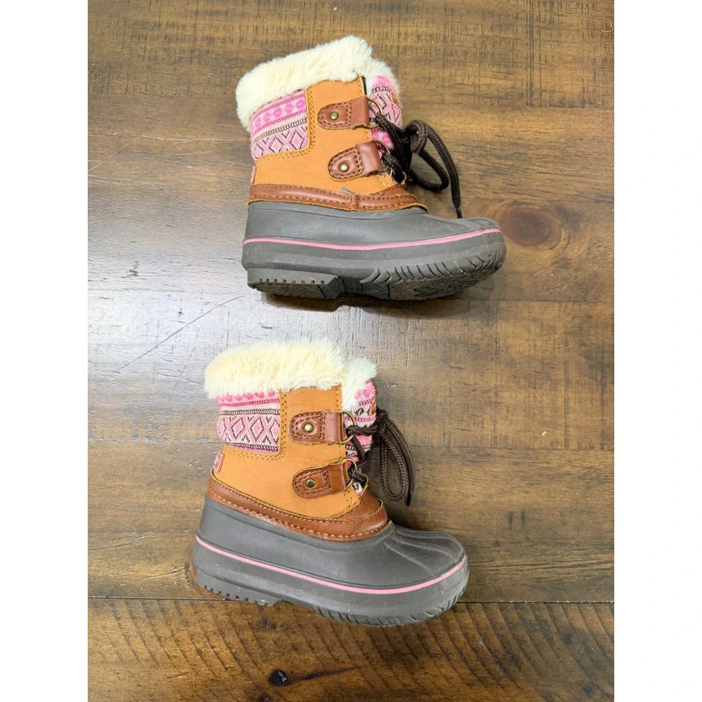 London Fog Girls Pink Fair Isle Faux Fur Trim Duck Winter Boots Tan Brown Size 6